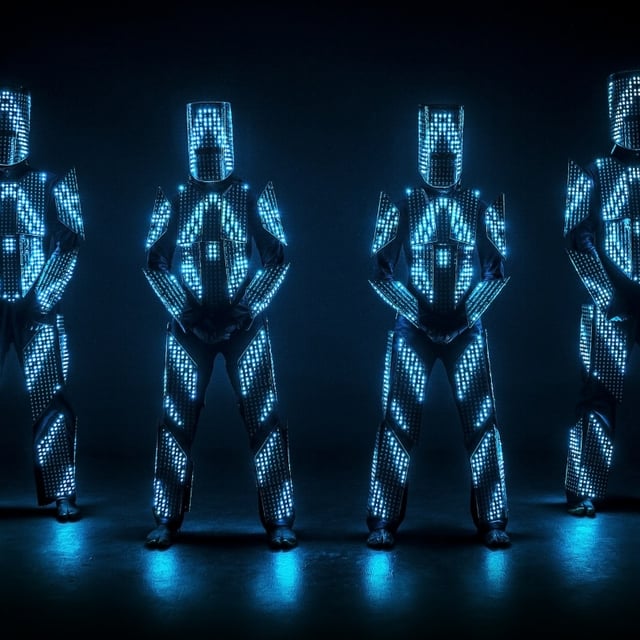 Bailarines Lightman con trajes de pixeles LED blancos