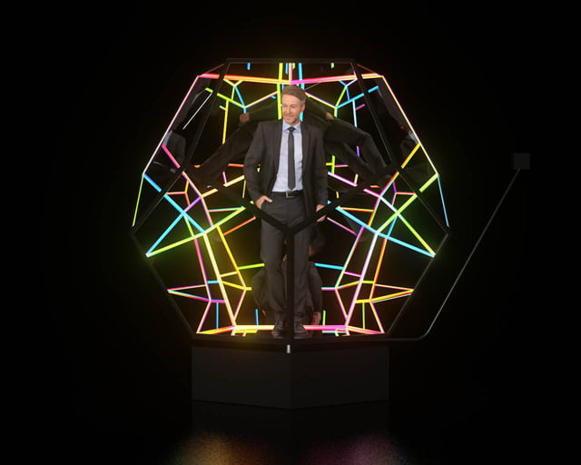 Imagen del Dodecaedro de dos metros de diámetro iluminado desde su interior con luces pixel led y sus 12 caras de cristal reflectivo, creando una sensación de profundidad infinita.