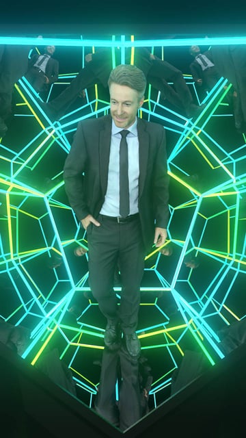 Imagen del Dodecaedro de dos metros de diámetro iluminado desde su interior con luces pixel led y sus 12 caras de cristal reflectivo, creando una sensación de profundidad infinita.
