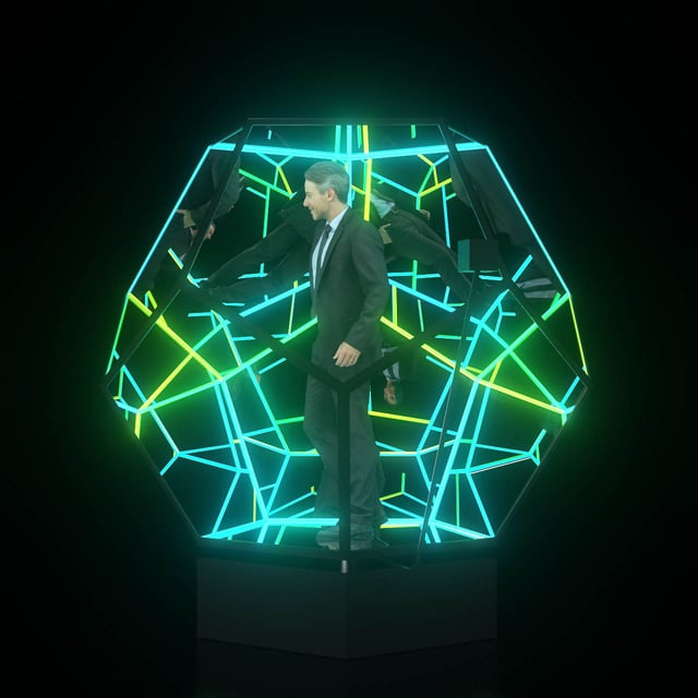 Imagen del Dodecaedro de dos metros de diámetro iluminado desde su interior con luces pixel led y sus 12 caras de cristal reflectivo, creando una sensación de profundidad infinita.